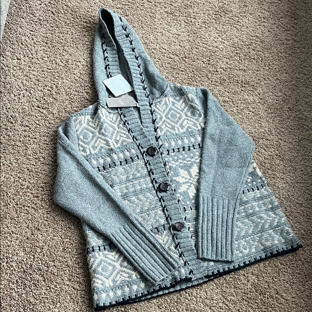 NWT J. Jill Gray Patterned Hooded Cardigan Size Small